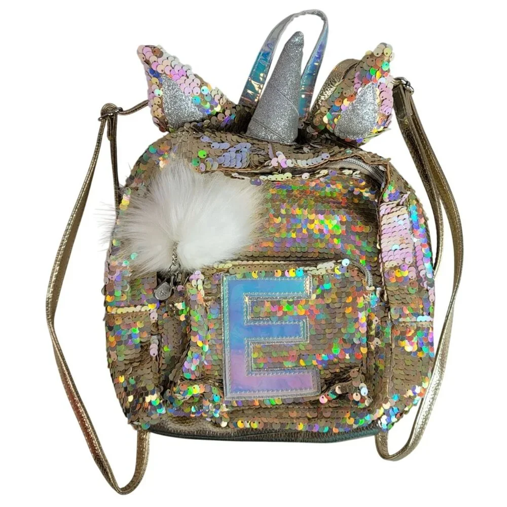 Justice Monogram E Sequin Mini Backpack Gold Unicorn Zipper Pockets Furry Adj